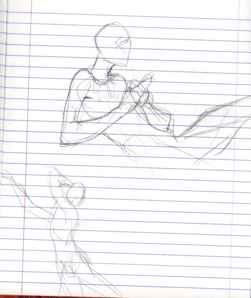 Way back machine: stuff from my sketchbook (er, notebook) over 20 years ago. (In other words what I was doing when I was supposed to be taking notes.) I was into comics and figure drawing at the time. Pretty sure these were just out of my head. 