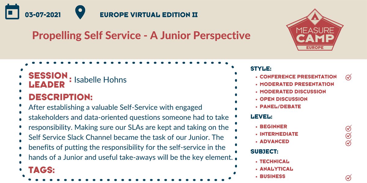 Another first time speaker at #MeasureCamp Europe will be Isabelle Hohns (linkedin.com/in/isabelle-ho…). Her talk will be on what happens after an analytics self service solution is implemented e.g. how this should be managed &amp; maintained with practical takeaways.