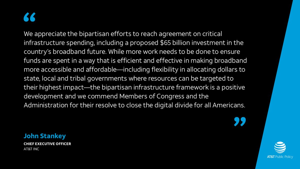 ATTPublicPolicy's tweet image. We appreciate the bipartisan efforts to reach agreement on critical infrastructure spending, including a proposed $65 billion investment in the country’s #broadband future. Read more: go.att.com/c4d03b73. #DigitalDivide.