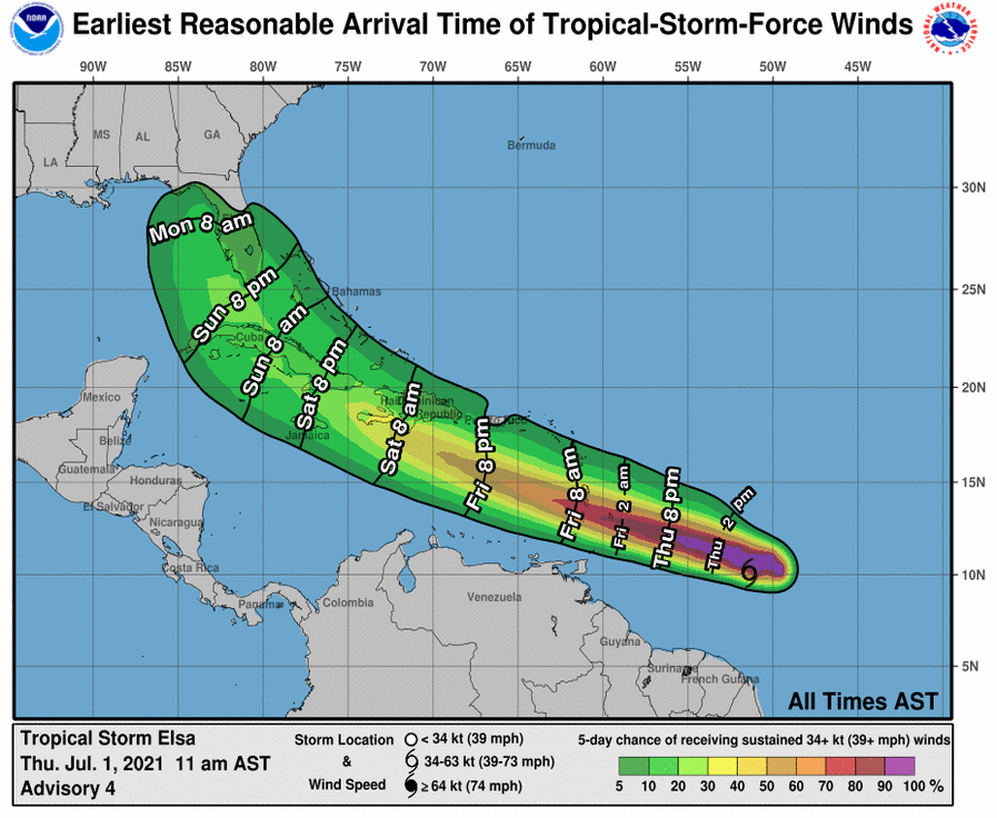 NWSMiami's tweet photo. July 1st - NHC has issued the 11am advisory for Tropical Storm #Elsa.  It’s still way too early to determine what specific impacts are expected for South Florida. Now is a great time to check your plan and supplies &amp; stay tuned for future updates through the holiday weekend! https://t.co/45afhImeZw