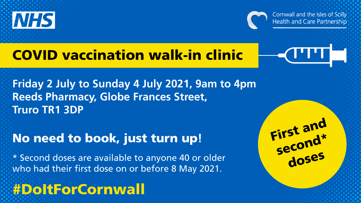📢 #Truro calling 

Walk-in #COVID vaccinations available from tomorrow until Sunday 4 July, 9am to 4pm at Reeds Pharmacy in Truro. No need to book, just turn up.

Second doses are available to anyone 40 or older who had their first dose on or before 8 May 2021.

#DoItForCornwall