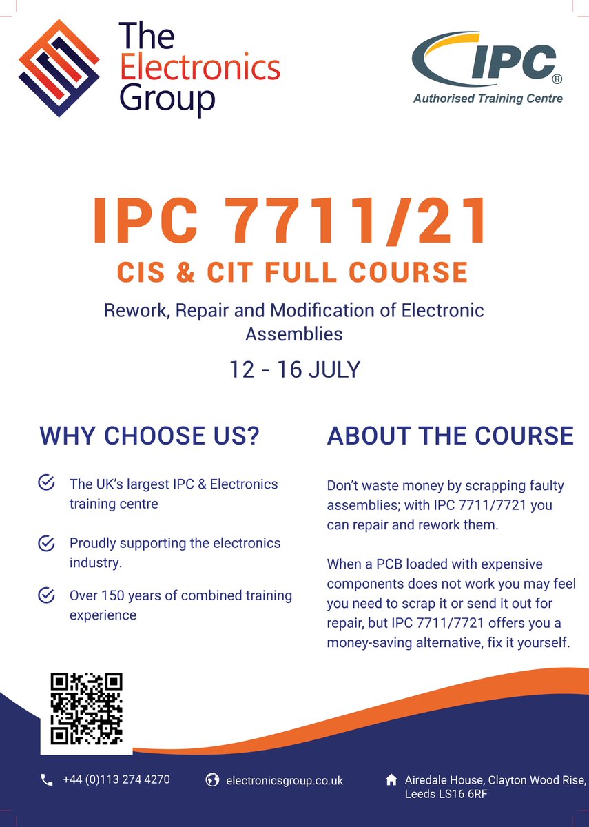 ElectronicsGrp's tweet photo. Available dates for the IPC 7711/21 CIS &amp; CIT Full Course, start your booking process by phone or email.

Call: +44 (0)113 274 4270
Email: info@electronicsgroup.co.uk

#IPC #electronics #manufacturing #courses #training #electronicsindustry https://t.co/pJ7lZmqOJM