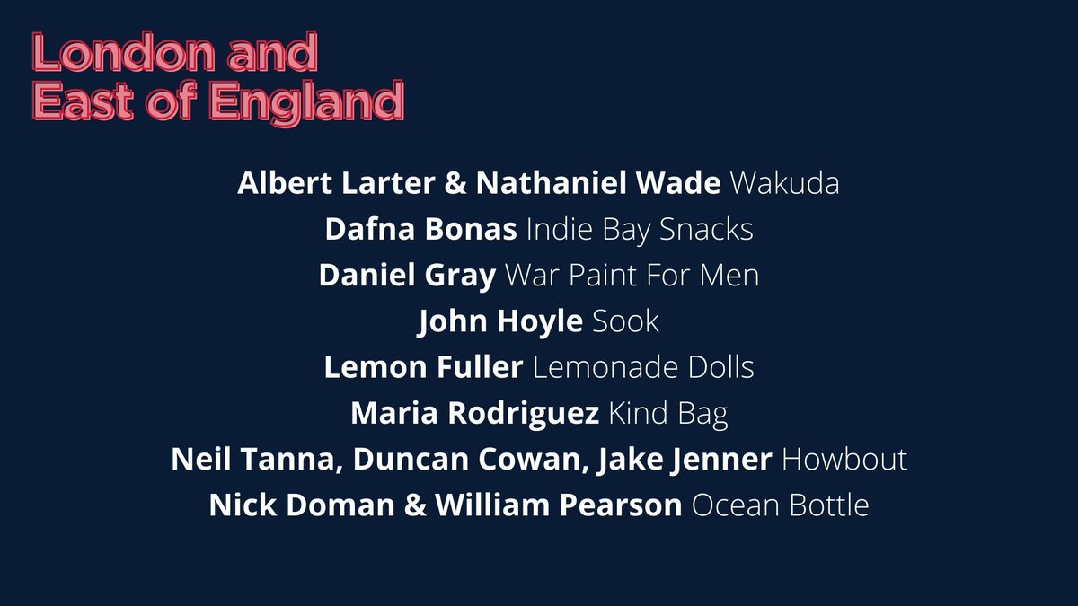 Here are our London &amp; East of England finalists for the Start-Up Entrepreneur of the Year Award…

📝@Wakudauk
📝@indiebaysnacks
📝<a href="/warpaintformen/">War Paint</a>
📝@sookspaces
📝Lemonade Dolls
📝Kind Bag
📝<a href="/howbout_app/">Howbout</a>
📝<a href="/theoceanbottle/">Ocean Bottle</a>