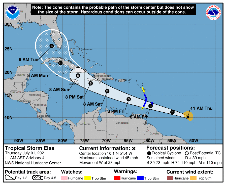 NWSEastern's tweet photo. 11 am Thu...tropical Storm Elsa was located 680 mi ESE of the Windward Islands moving to the west at 28 mph with max winds of 45 mph. Some strengthening is expected, but there is more uncertainty than usual regarding Elsa's track and intensity forecast beyond the next few days. https://t.co/ngxWn9zBZX