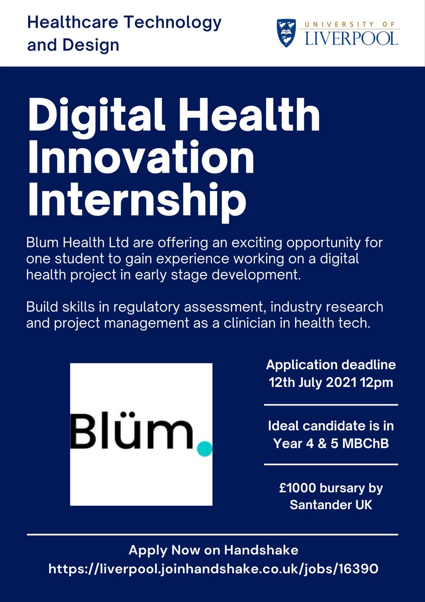 LiverpoolMedX's tweet photo. Health Tech Internships! 

Opportunity for students entering Y4 or Y5 MBChB @LivUniMedicine to work with Blum Health on developing an early stage #digitalhealth project! Fully funded by @santanderuk 

#HCTD https://t.co/R6Wub2mo6v