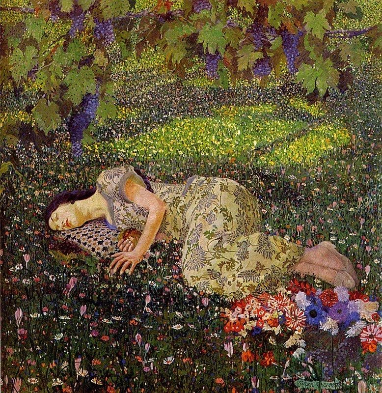 ‘Dreaming of Pomegranates 1912 by Felice  Casorati (1883-1963) Italian Painter Sculptor and Printmaker.    You can see the influence of Gustav Klimt here.   Beautiful piece. Sweet dreams