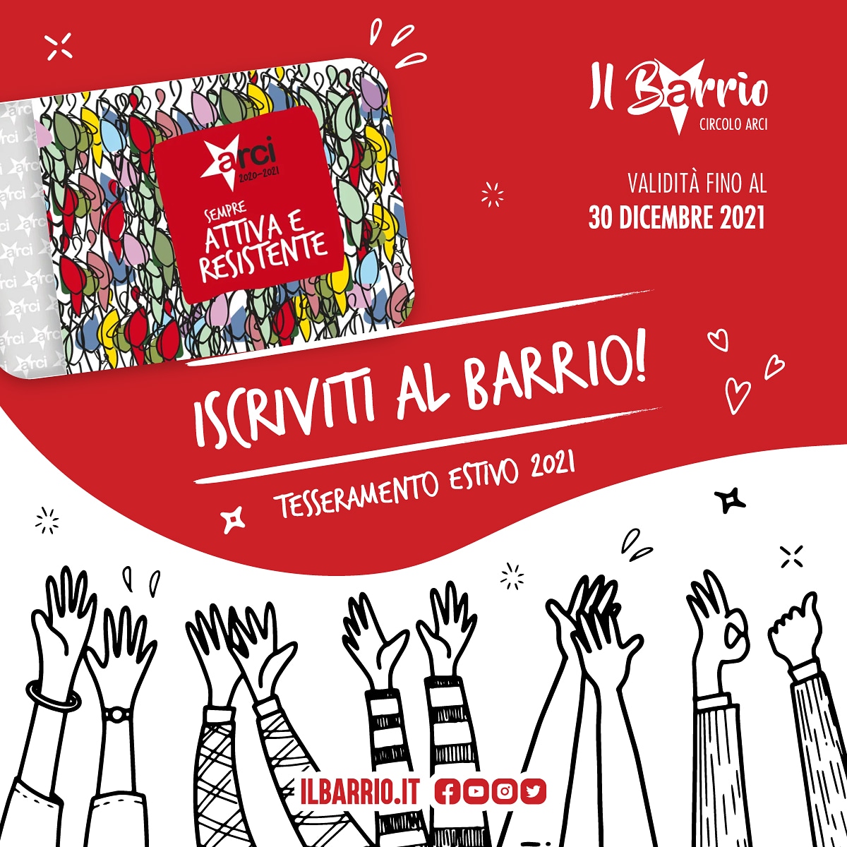 circoloilbarrio's tweet image. 𝗣𝗮𝗿𝘁𝗲 𝗼𝗴𝗴𝗶 𝗶𝗹 𝙏𝙚𝙨𝙨𝙚𝙧𝙖𝙢𝙚𝙣𝙩𝙤 𝙚𝙨𝙩𝙞𝙫𝙤 𝟮𝟬𝟮𝟭 𝗱𝗲𝗹 𝗕𝗔𝗥𝗥𝗜𝗢

Leggi il post ➡️ ilbarrio.it/iscriviti/

Scrivi a info@ilbarrio.it o al 3273721595

#SempreATTIVAeRESISTENTE
𝗜𝗦𝗖𝗥𝗜𝗩𝗜𝗧𝗜 𝗔𝗟 𝗕𝗔𝗥𝗥𝗜𝗢, 𝗜𝗦𝗖𝗥𝗜𝗩𝗜𝗧𝗜 𝗔𝗟𝗟’𝗔𝗥𝗖𝗜!