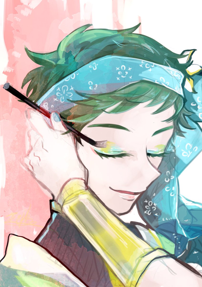 green hair closed eyes makeup solo eyeshadow 1boy male focus  illustration images