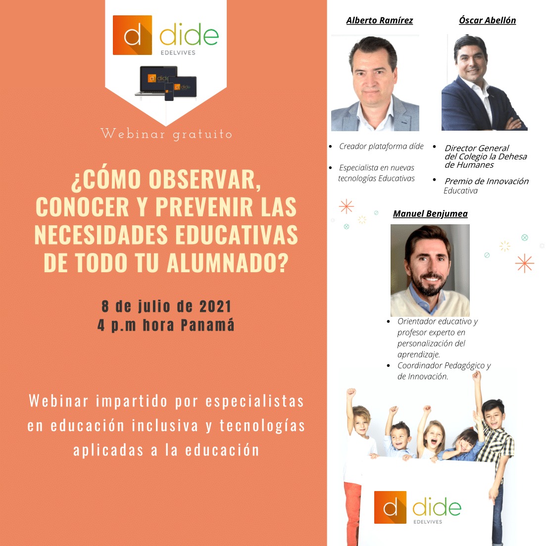 📢 El 8 de julio <a href="/oscarabellon/">Oscar Abellón Martín</a>, nuestro Director General, participará en el #Webinar organizado por @efectodide y <a href="/Edelvives/">Edelvives</a>

Además, intervendrá <a href="/ManuelBenjumeaF/">Manuel Benjumea</a>, nuestro coordinador de Innovación Pedagógica.

📆 8 de julio
🕐 16h Panamá - 23h España 
📲 register.gotowebinar.com/register/44366…