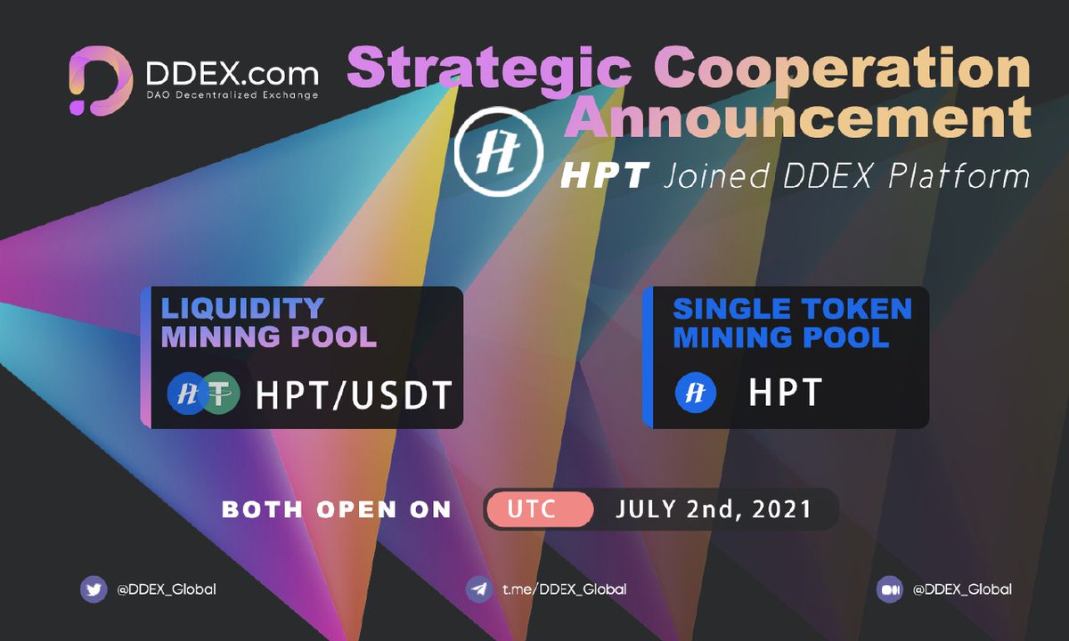 We are excited to announce that we are partnering with @Huobi_pool 🎉 $HPT will now be available on DDEX platform👇 ✨ HPT/USDT - Liquidity Mining Pool ✨ HPT - Single Token Mining Pool 📅 Both will open 2nd July, 2021 $DDX #DDEX #Huobi #CryptoNews #Blockchain #LiquidityMining