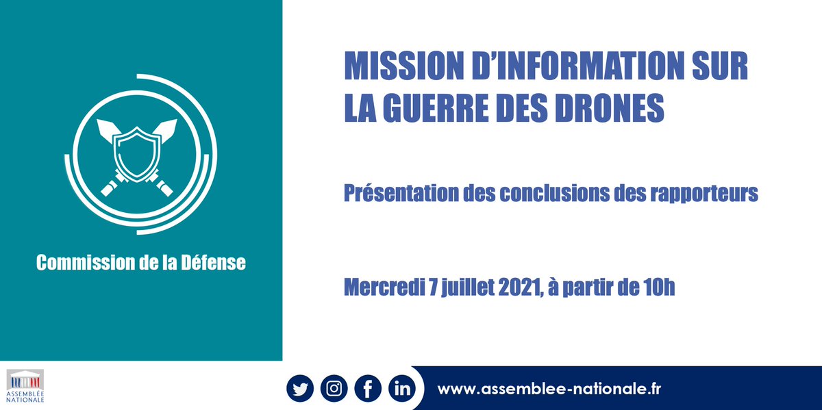 🗓 Le 7/7, à partir de 10h, <a href="/baudu_stephane/">Stéphane Baudu</a> et <a href="/jeanlassalle/">Jean Lassalle</a>, rapporteurs de la mission d'information sur la guerre des drones, présentent leurs conclusions.
📺 Pour suivre leur présentation en direct, cliquez sur ce lien : assnat.fr/APN8Dy.
#Défense #DirectAN