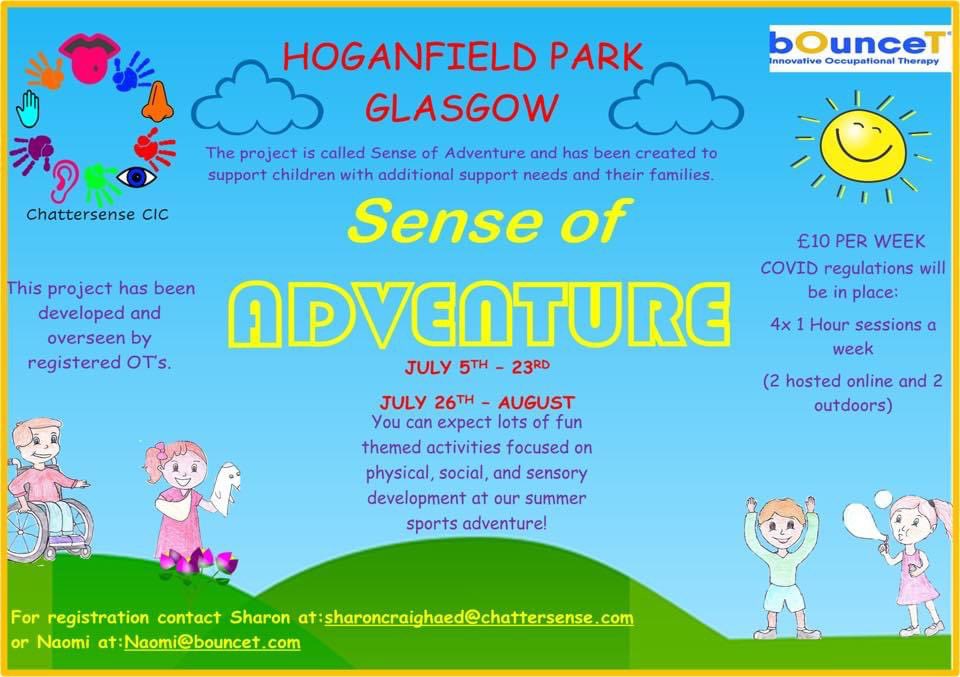 🌟SENSE OF ADVENTURE🌟

Hello everyone! We’d like to remind you all that our ‘Sense of Adventure’ Summer style camp will be starting from next week: 

Monday 5th of July @ Hoganfield Park - Glasgow! 

This will be on for a duration of 6 weeks!