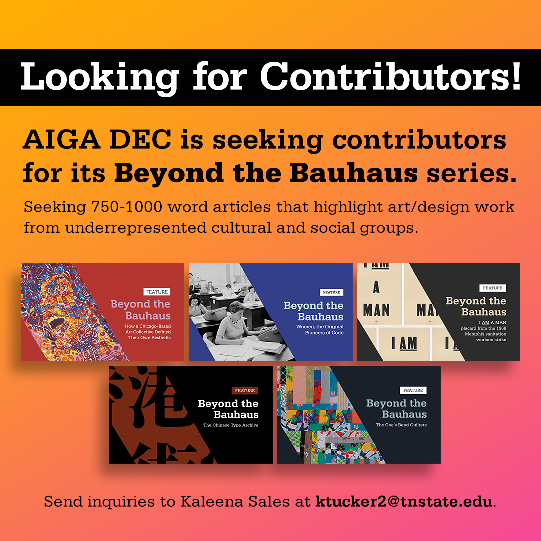 aigadec's tweet image. Write for Beyond the Bauhaus! The DEC is seeking 750-1,000-word articles that highlight art/design work from underrepresented cultural and social groups. If interested, please send inquiries to Kaleena Sales at ktucker2@tnstate.edu.

#aigadec #designwriting #beyondthebauhaus