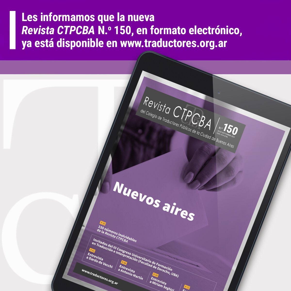 CTC_CTPCBA's tweet photo. Queridos colegas:
Ya esta disponible en la web, la revista N.°150 del CTPCBA
Esperamos que la disfruten.
https://t.co/v40ulj4U63 https://t.co/vO2R8onW7J