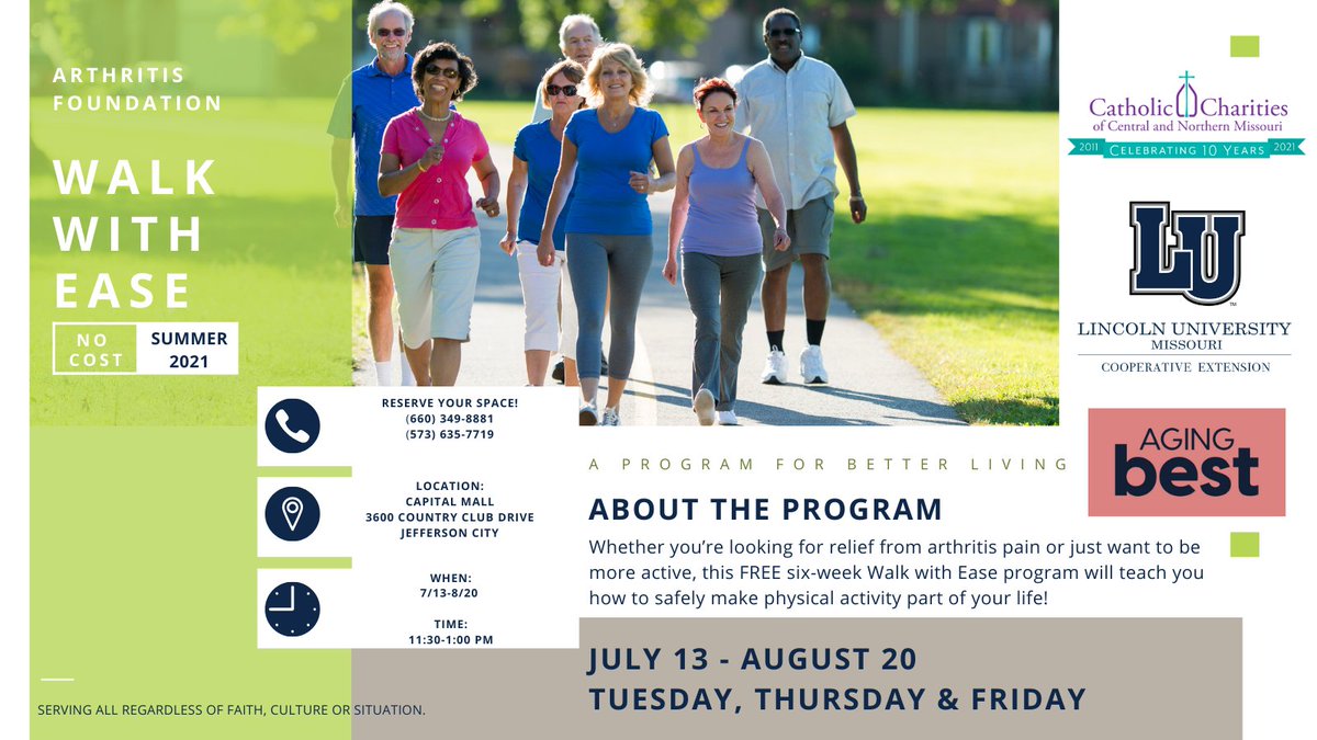 cccnmo's tweet photo. Do you suffer from arthritis pain or would like to just get healthy?
Join Catholic Charities- @cccnmo @LUBlueTigers and #AgingBest for #WALKWITHEASE July 13-August 20 (T, Th, F) at the @ShopCapitalMall 11:30-1 pm at NO COST!
Call 660-349-8881 or 573-635-7719.
#jcmo #midmo https://t.co/ZgPQgiSgnE