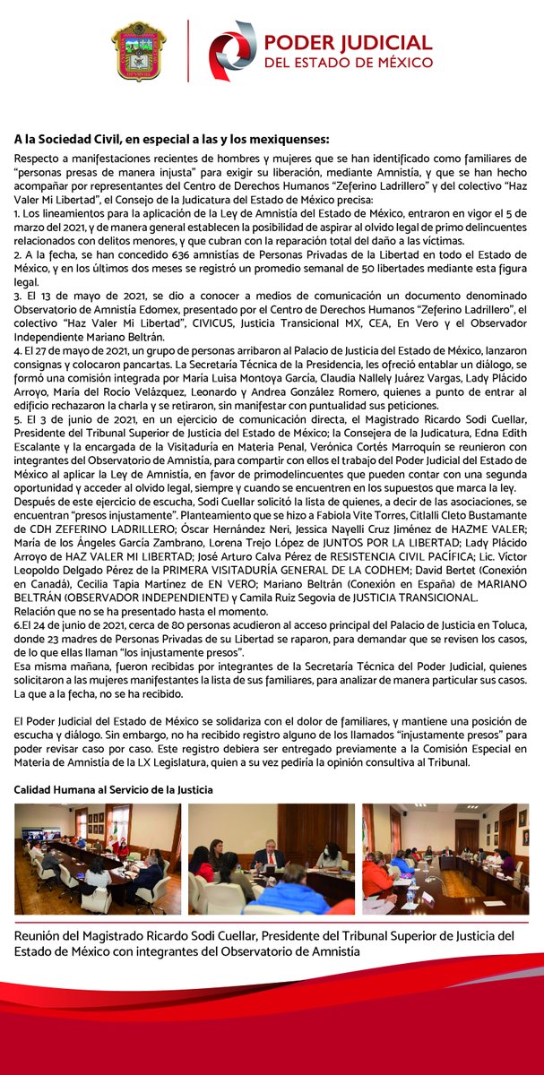 PJEdomex's tweet photo. El #PJEdomex plantea lo siguiente: 

Se solidariza con los familiares y mantiene su posición de escucha y diálogo; exhorta a que el registro sea entregado a la Comisión Especial en Materia de Amnistía de @Legismex para que al Tribunal se le solicite opinión consultiva. https://t.co/D947QO6i28