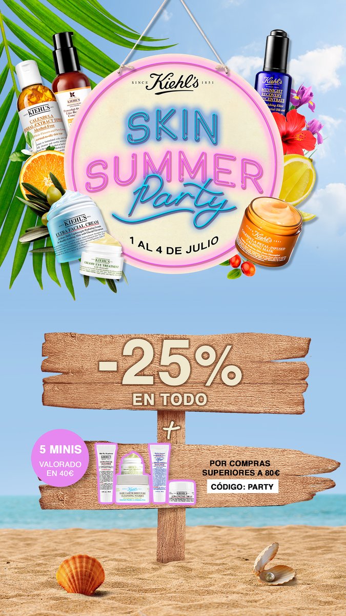 🤩Llega la Summer Party de Kiehls (el Friends&amp;Family del verano)🌞

¿Cuándo?: del 01/07 al 04/07 
25% descuento en toda la web 
Envío gratis en pedidos superiores a 40€ 
Por compras superiores a 80€, llévate 5 minitallas de regalo código PARTY🎊
Entra🛒kiehls.es/?utm_source=37…