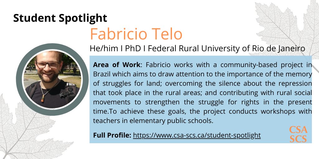 Hi everyone! We are excited today to highlight more incredible research and community work of CSA student members in the Spring 2021 CSA SCS Student Spotlights. Check out the profiles of Boróka Bó, Courtney R. Petruik and Fabricio Telo, available at csa-scs.ca/files/webapps/….