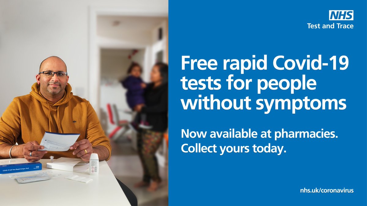 #COVID19 tests are now available for people without symptoms. Collect yours from your local pharmacy. 
More info: nhs.uk/GetTested