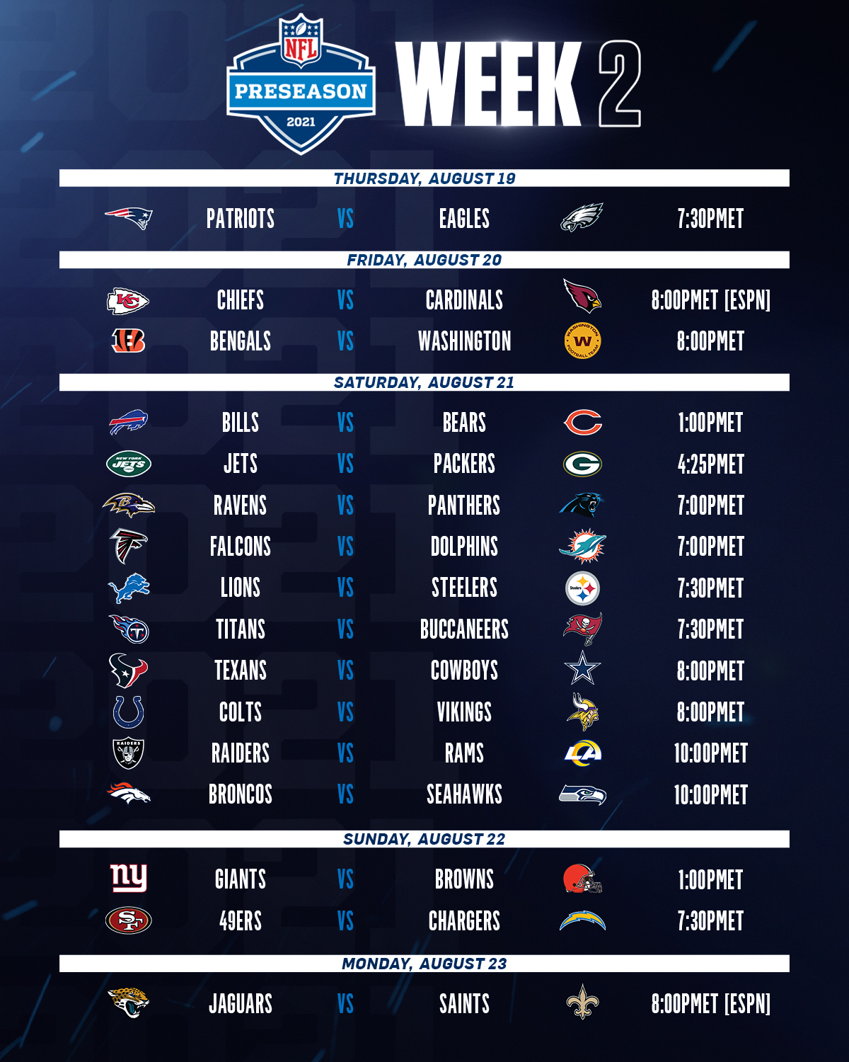 NFL Football Operations on X The 2021 NFL preseason kicks off next month. Check out the matchups for the first 3 weeks https t KBpHC3p8Au X