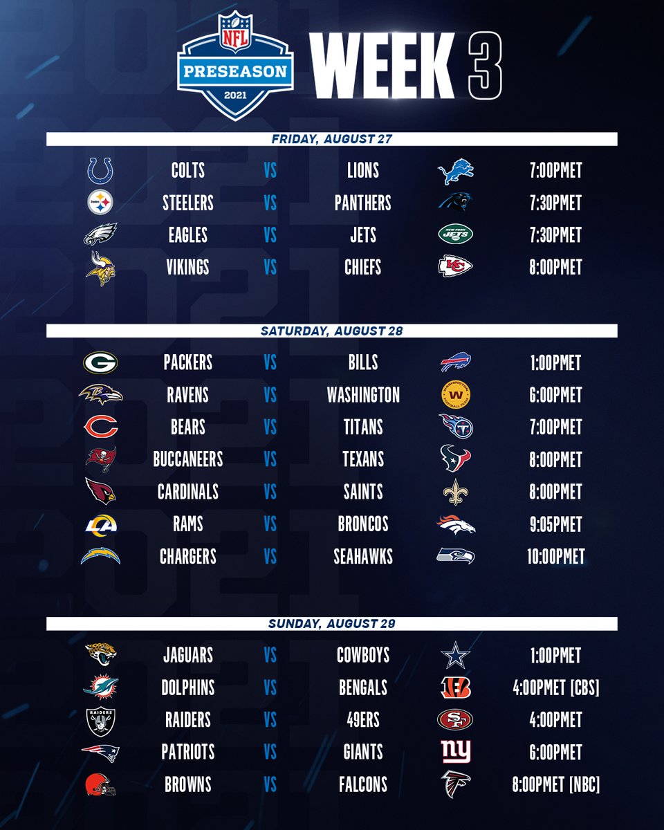 Nfl 2022 Preseason Schedule Nfl Football Operations On Twitter: "The 2021 @Nfl Preseason Kicks Off Next  Month. Check Out The Matchups For The First 3 Weeks👀  Https://T.co/Kbphc3P8Au" / Twitter