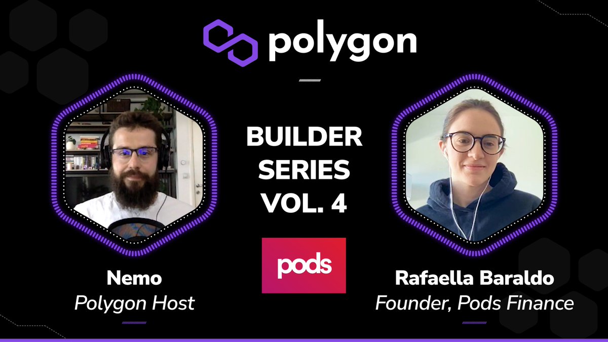 0xPolygon's tweet photo. 📺 Tune in now to watch a new episode of Polygon Builder Series hosted by Captain Nemo @ncerovac 

🤝 Our guest for today is @RafaellaBaraldo Founder &amp; CEO at @podsfinance!

Catch the complete transcript here: https://t.co/69cAbPac7P

▶️ Watch Now: https://t.co/Ssr2dDcPGh https://t.co/iIMRjxPlm4