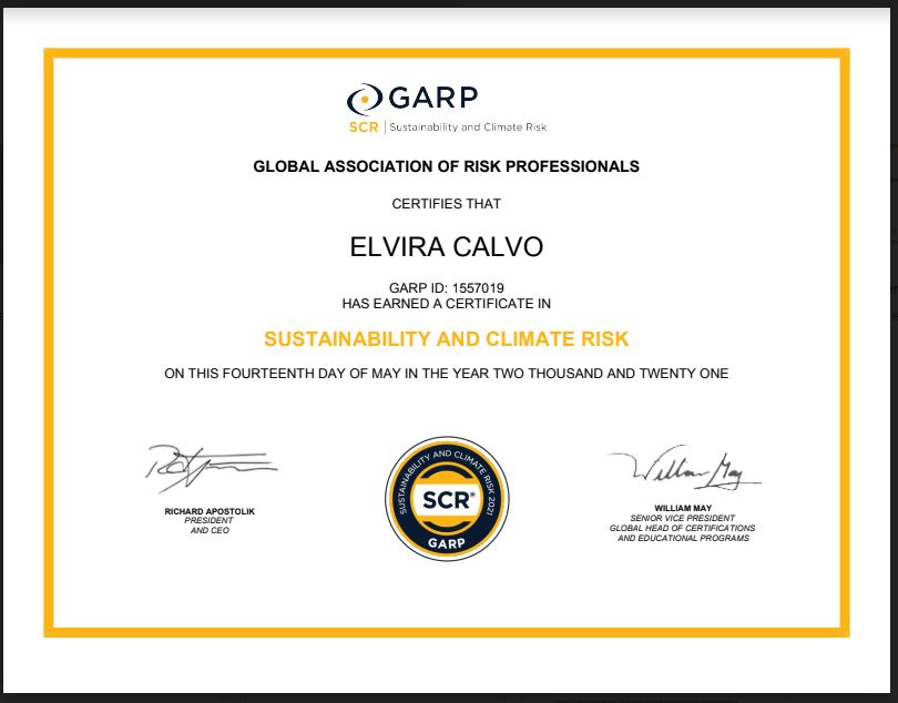 Very happy to share that I have been awarded the Global Association of Risk Professionals (GARP)Sustainability and Climate Risk (SCR) Certificate.

Thanks to <a href="/bbva/">BBVA</a> for giving me the chance to accept the challenge.

#garpSCR #climaterisk #sustainability #TCFD #riskmanagement