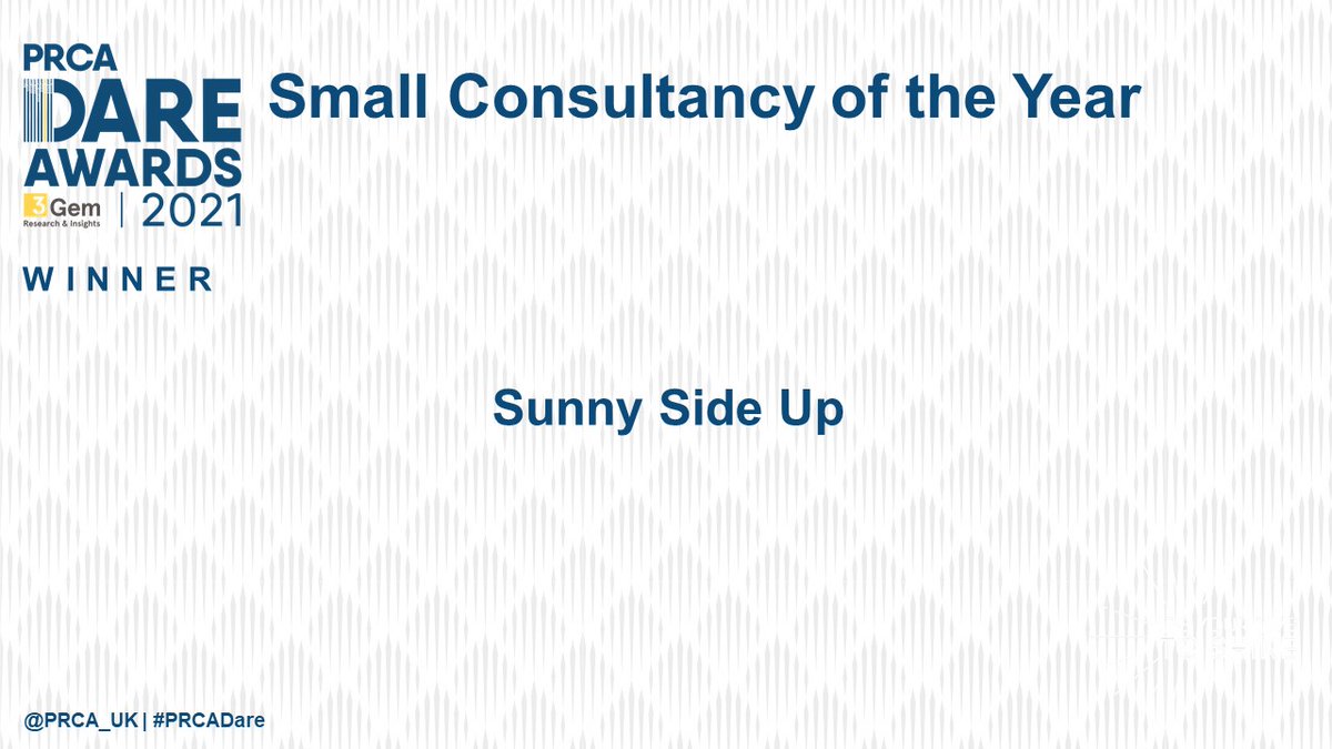 Thanks so much, we’re delighted 🙌 RT @PRCA_UK: The Small Consultancy of the Year is <a href="/sunnysideupcomm/">Sunny Side Up</a>! Awesome work! #PRCADARE 🎉🏆
