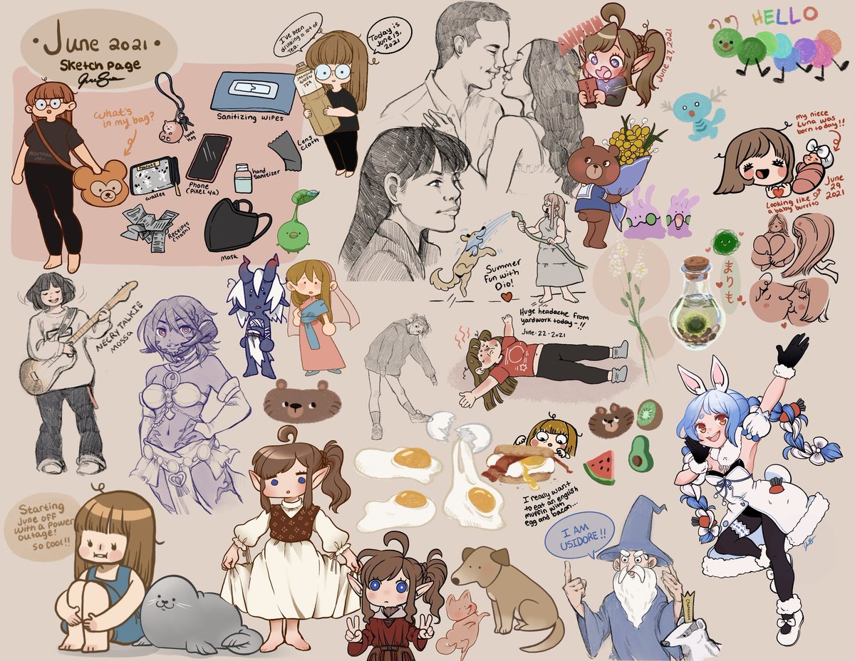 kawaiicintiq's tweet photo. My #sketchpage for June!! I added to it every so often when I could! We got some #pekora #hellofromthemagictavern #WhatsInMyBag #ffxiv and some other goodies! #sketchdump https://t.co/dXWQZeZ8DJ
