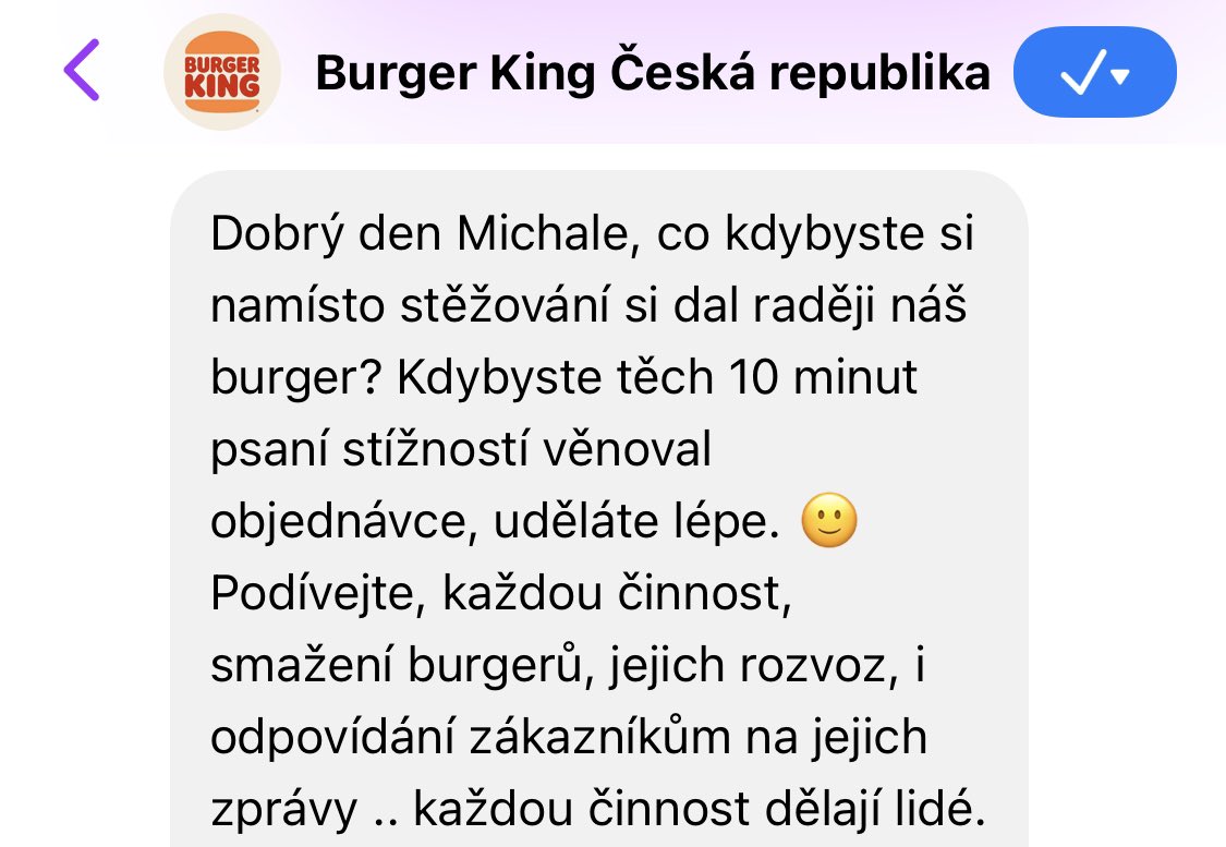 blahut's tweet photo. Tahle reakce na stiznost od  @BurgerKing je pro me zatim jednoznacne top ever. Dej si radsi burger a nevotravuj, kokote. https://t.co/0Q80zAb51n