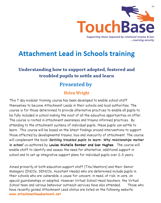 TouchBase_UK's tweet photo. Announcing our next 7-day #Attachment Lead course for 2021/22. See our flyer
https://t.co/e82EQUczEd #teachingassistant #keyadult #teacher #INCO #SENCO #Designatedteacher #teacher #virtualschool #attachmentleads #ACEs #Trauma https://t.co/TdwNyonSsl