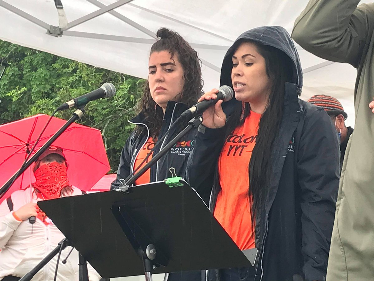 IndigenousAC's tweet photo. @StaceHowse joins the wealth of knowledge, wisdom, and kindness shown at #CancelCanadaDayYYT as she implores the community to " raise our hands in high respect and appreciation for the strength of Elders and community members who are holding space for one another at this time." https://t.co/eZbpDSKwt8