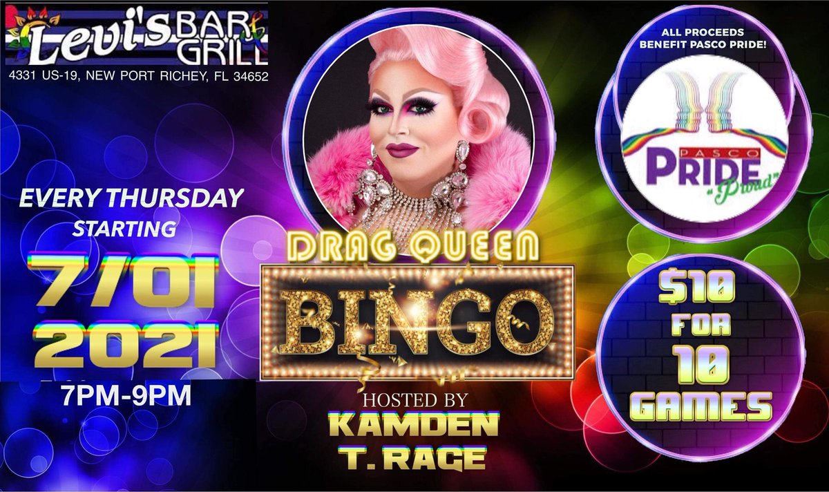 PascoPrideFest's tweet photo. Join us tonight at 7pm for drinks and dinner at Drag Queen Bingo @ Levi's Bar &amp; Grill in Holiday with @Kamden_Rage 🌈🍾 https://t.co/PP4uXOjSa6