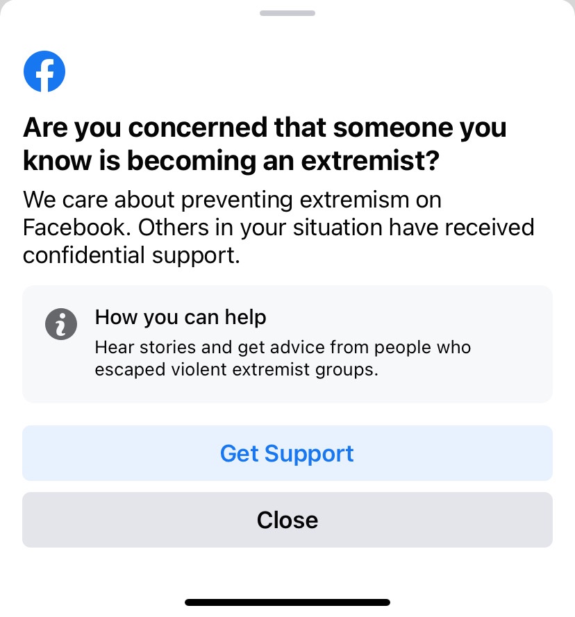 Kiradavis's tweet photo. Hey has anyone had this message pop up
on their FB? My friend (who is not an ideologue but hosts lots of competing chatter) got this message twice. He’s very disturbed. https://t.co/LjCMjCvZtS