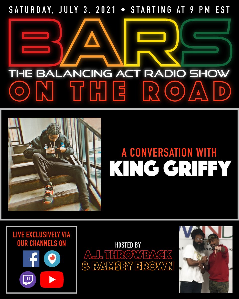 Please join us Saturday @ 9 PM EST for #BARS #OnTheRoad #VirtualEdition w/ <a href="/AJThrowback/">A.J. Throwback</a> x <a href="/PHAR110/">Ramsey Brown</a> x special guest <a href="/KingGriffy301/">“Pyrex” Young OG</a> via #FacebookLive x #Periscope x #twitch x #YouTubeLive 🔥🔥🔥🔥🔥!!! #TeamBARS❤️🧡💛💚 #hiphop #Producer #entrepreneurs #GermantownRec #YoungOG