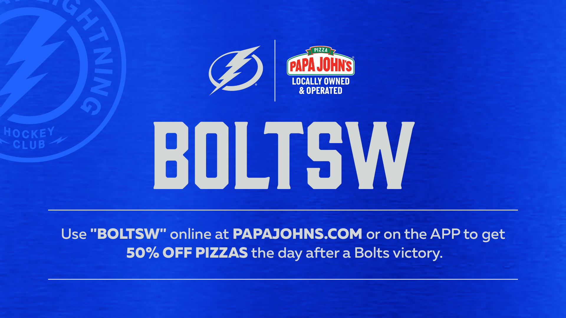 Tampa Bay Lightning On Twitter It S Time Use Code Boltsw For 50 Percent Off Pizzas At Papajohns After Every Bolts Win Https T Co Zoy6dugitf Twitter
