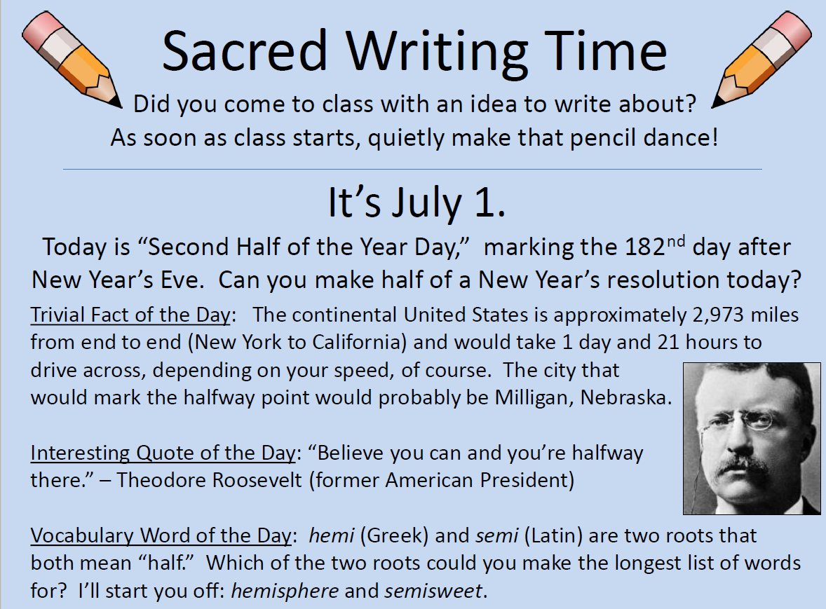 WritingFix's tweet image. Happy "HALFWAY THROUGH THE YEAR" DAY! Our #SacredWritingTime slides celebrate these ideas, helping students to free-write daily for 10-15 minutes. Our best classroom practice for #teachers improving writing process skills. Freely use our Aug-Sept slides: teacherspayteachers.com/Product/For-Wr…