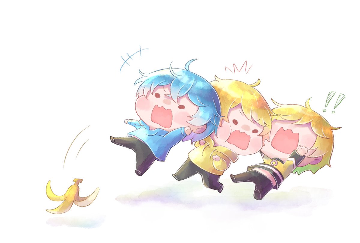 multiple boys blonde hair 3boys banana blue hair male focus yellow hoodie  illustration images