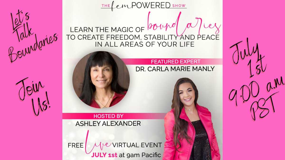 drcarlamanly's tweet image. Join us TODAY starting at 9:00 a.m. PST.  We&apos;ll talk about BOUNDARIES with Dr. Carla live at 10:30 a.m. PST! @familiustalk @fempower_health @fempowerbeauty #datesmart #love #boundaries #relationships #dating