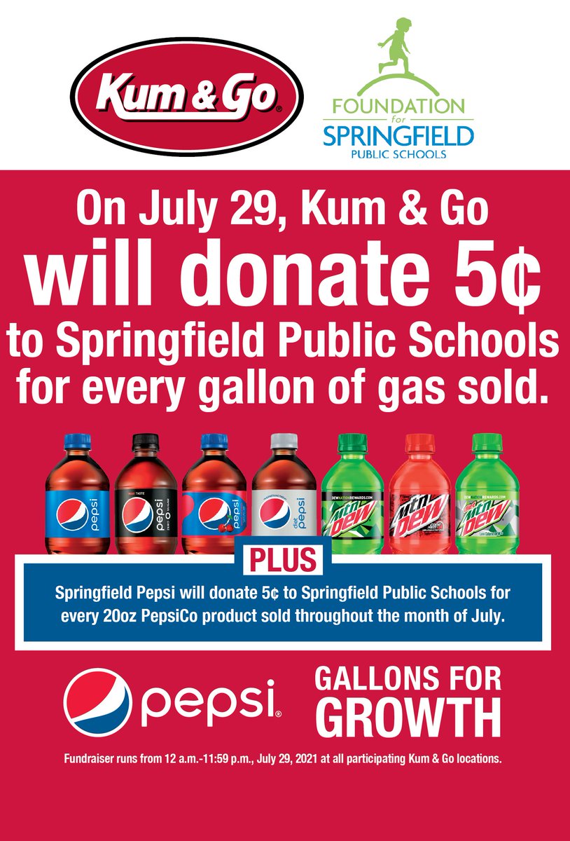 Foundation4SPS's tweet image. .@kumandgo &amp;amp; @pepsi are partnering with the Foundation, AGAIN, to support Back to School Grants! For the ENTIRE month of July, Pepsi will donate 5 cents for 20oz Pepsi product sold. 

AND...July 29, Gallons for Growth! @kumandgo will donate 5 cents for EVERY gallon gas sold!