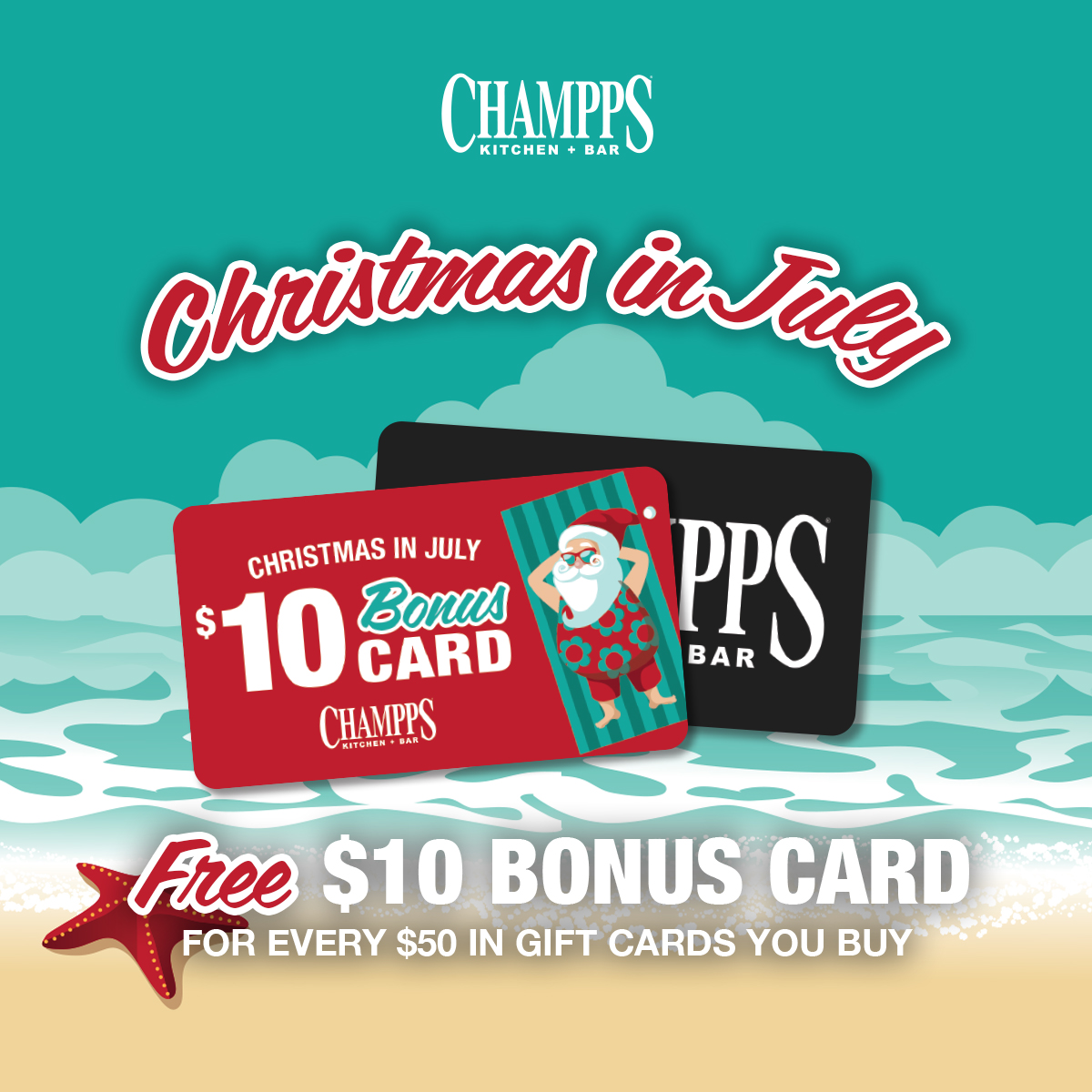 Champps's tweet image. Santa came early this year!🎉🎅 Treat your loved ones to Champps and enjoy a $10 gift card on us! Offer available NOW until 9/30.