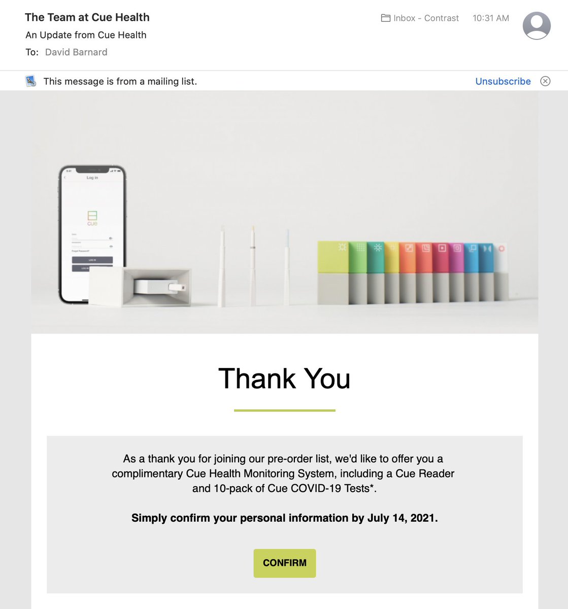 drbarnard's tweet photo. TFW a pre-order you made in 2014, and had refunded in 2018, actually ships you something useful. Thanks @CueHealth! (Hope their other test kits get approved soon and aren’t crazy expensive.) https://t.co/pYN7AEob5U