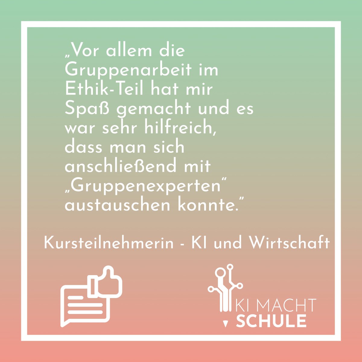 KImachtSchule's tweet photo. In unseren Kursen sind uns interaktive Aufgaben, die Mitnahme aller Schüler*innen sowie ein wertebasierter Ethikteil die wichtigsten Anliegen. Solche positiven Rückmeldungen der Teilnehmenden motivieren uns, weiterhin unser Bestes für eine deutschlandweite KI-Bildung zu geben! https://t.co/PiF97jlnsE