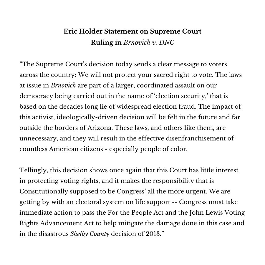 EricHolder's tweet photo. Our electoral system is under partisan attack —and today’s decision demonstrates that the right to vote will not be protected by this Court.

Congress must pass the For the People Act and the John Lewis Voting Rights Advancement Act to mitigate the damage done by this case. https://t.co/xUN4oRDGXS