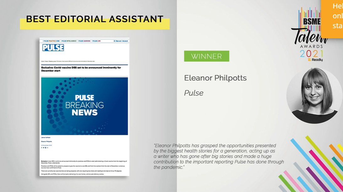 eleanor__p's tweet image. Very shocked and over the moon to win Best Scoop and Best Editorial Assistant tonight - thank you so much @bsmeinfo! And a huge thanks to everyone who’s taken the time to speak to me about this year’s stories 🍾😃✍️