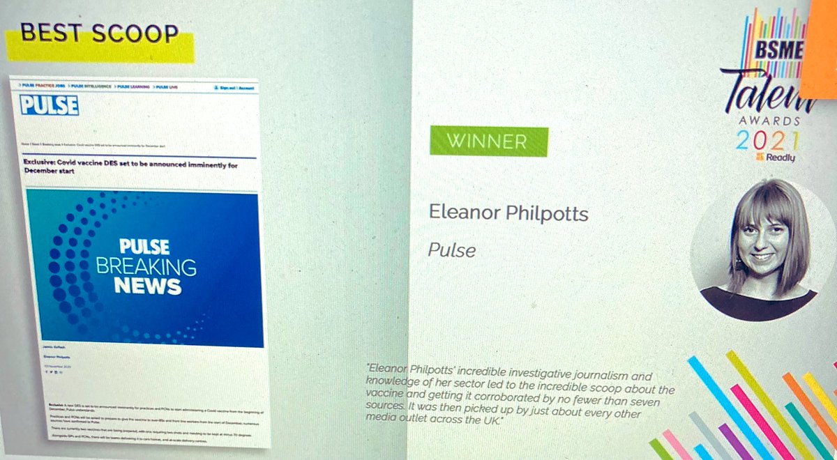 eleanor__p's tweet image. Very shocked and over the moon to win Best Scoop and Best Editorial Assistant tonight - thank you so much @bsmeinfo! And a huge thanks to everyone who’s taken the time to speak to me about this year’s stories 🍾😃✍️