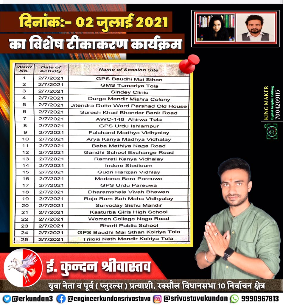 ErKundan3's tweet photo. समस्त रक्सौलवासियों से विनम्र अपील। 

02 जुलाई, 2021 का विशेष टीकाकरण कार्यक्रम।

Special vaccination drive tomorrow on 02 July, 2021.

#COVID19 https://t.co/ENKZ1h5nPQ