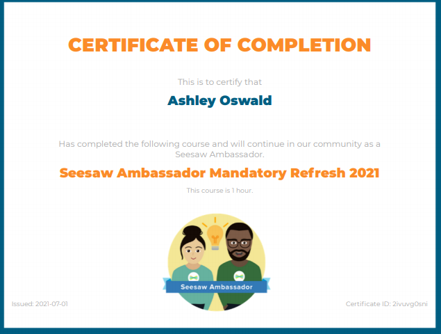 #SeesawCertifiedEducator for another year!  Just finished my Seesaw Certified Educator refresh course and ready for another awesome year with @Seesaw ! #WEareLakota