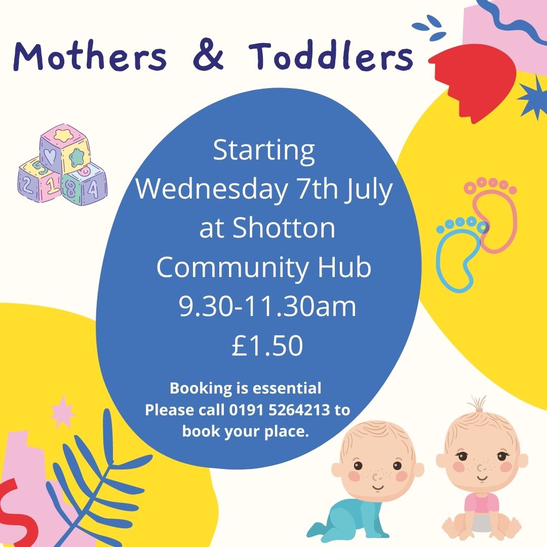 ShottonHub's tweet photo. Mothers &amp; Toddlers are back! 👶

Starting Wednesday 7th July, 9.30-11.30am, only £1.50.

Booking is essential as places are limited until restrictions are lifted. Please call 0191 5264213 to book. 

#mothers #toddlers #family #community #booking #play #fun https://t.co/BURpFUfJ3S