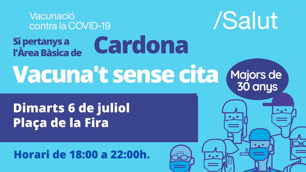 ‼️Campanya de vacunació massiva a #Cardona sense cita prèvia 👉🏾per a majors de 30 anys.

🗓️Dimarts 6 de juliol
⏰de 18 a 22 hores
📍Plaça de la Fira

ℹ️Més info a: cardona.cat/actualitat/mar…